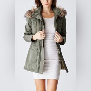 Women's Green Utility Jacket with Faux Fur Trim
